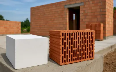 Biały gazobeton i pustak ceramiczny na tle budowy domu. Wybór materiałów budowlanych.