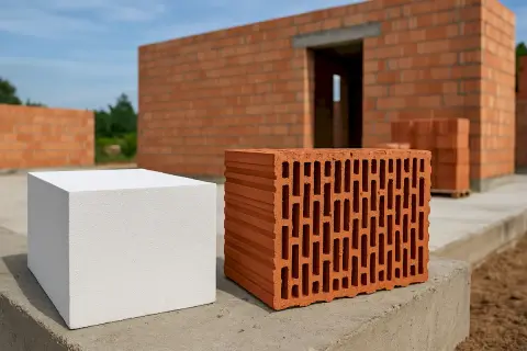 Biały gazobeton i pustak ceramiczny na tle budowy domu. Wybór materiałów budowlanych.