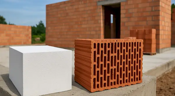 Biały gazobeton i pustak ceramiczny na tle budowy domu. Wybór materiałów budowlanych.
