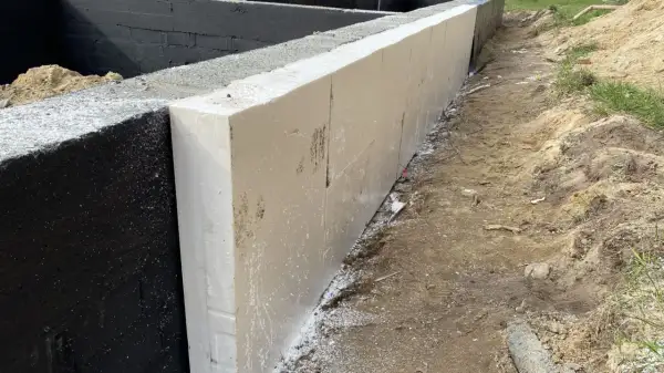 Izolacja fundamentów z białego styropianu przy czarnej ścianie. Właściwy cement na fundamenty to klucz do trwałości.